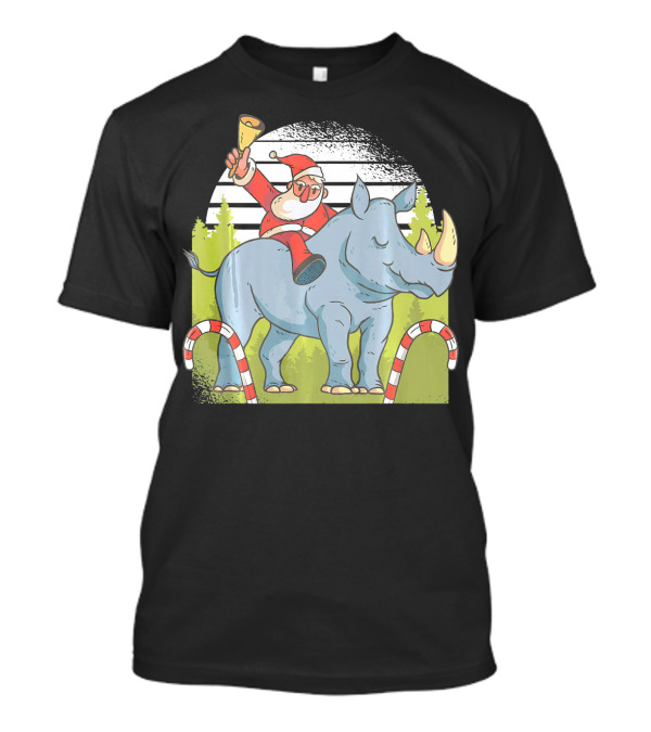 Santa Claus Riding Rhino With Christmas Bell And Candy Canes T-Shirt