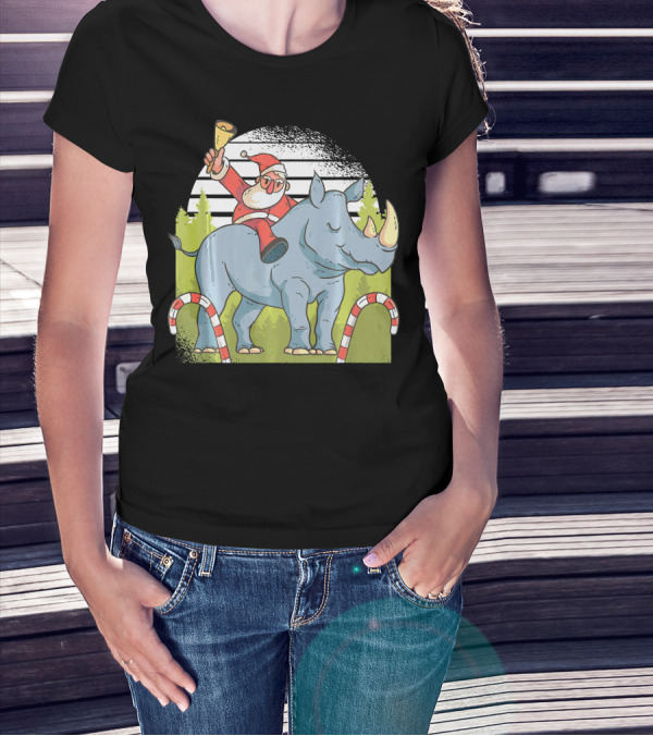 Santa Claus Riding Rhino With Christmas Bell And Candy Canes T-Shirt