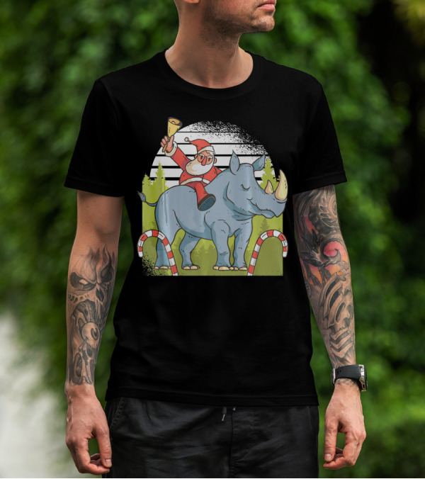 Santa Claus Riding Rhino With Christmas Bell And Candy Canes T-Shirt
