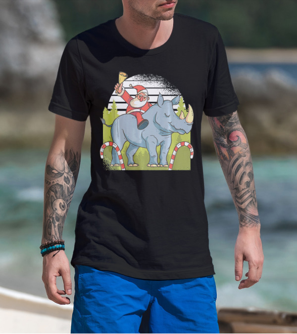 Santa Claus Riding Rhino With Christmas Bell And Candy Canes T-Shirt