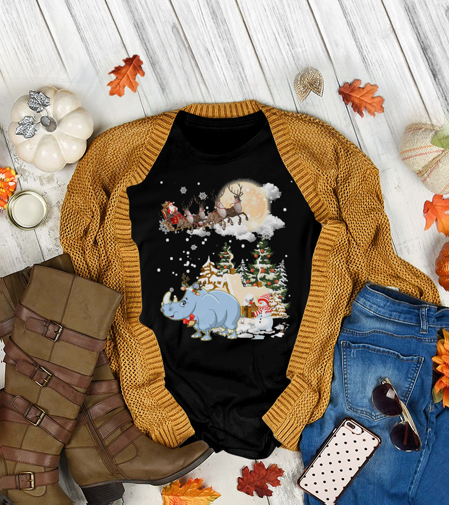 Rhino Comes to Town with Santa and Reindeer in a Winter Wonderland T-Shirt