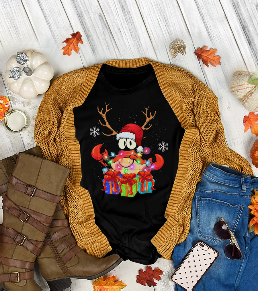 Funny Crab Christmas Reindeer Antlers Xmas Lights Gifts T-Shirt