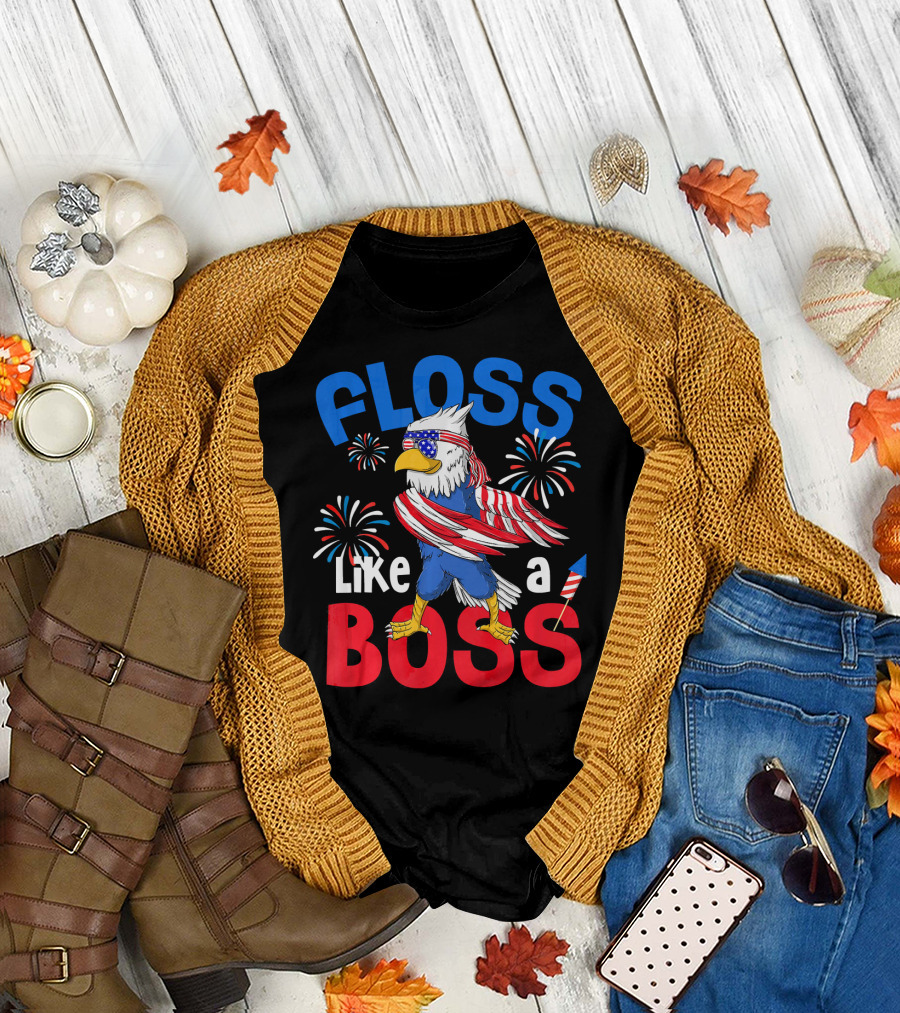 Floss Like a Boss Eagle 4th of July USA Flag Fireworks T-Shirt