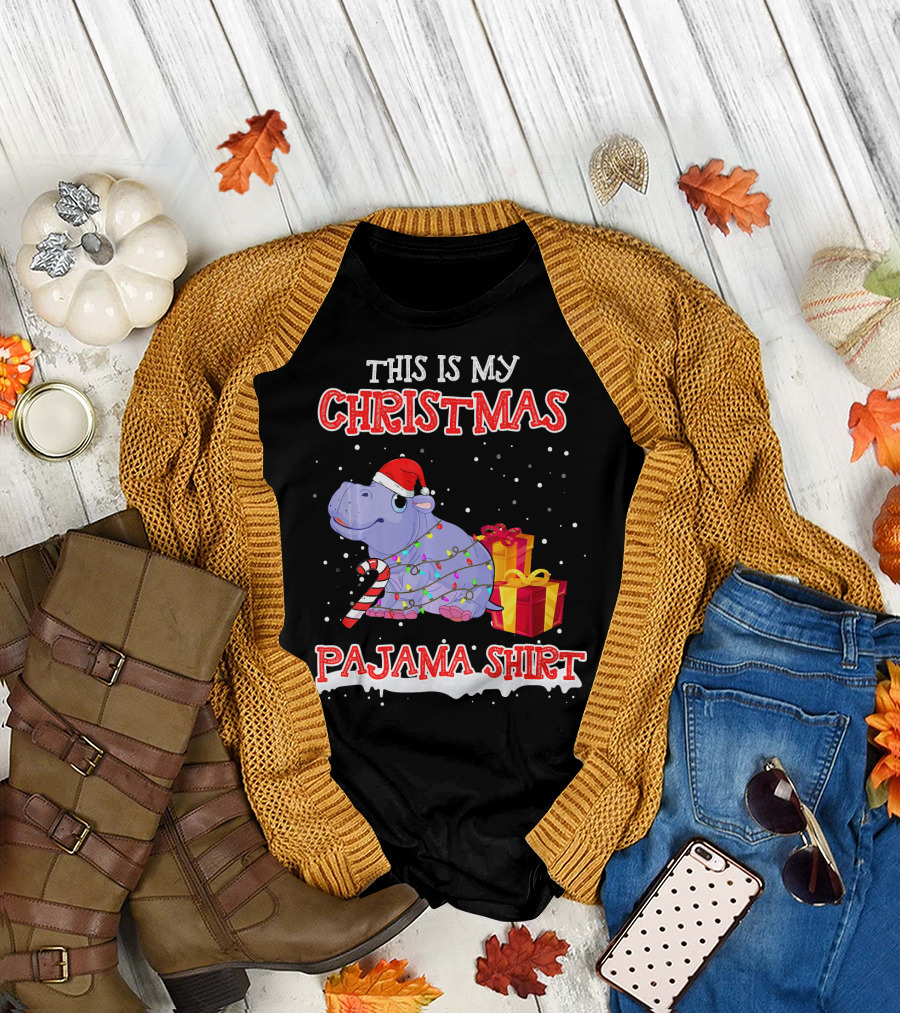 This Is My Christmas Pajama Shirt Santa Hippo Candy Cane and Gifts T-Shirt