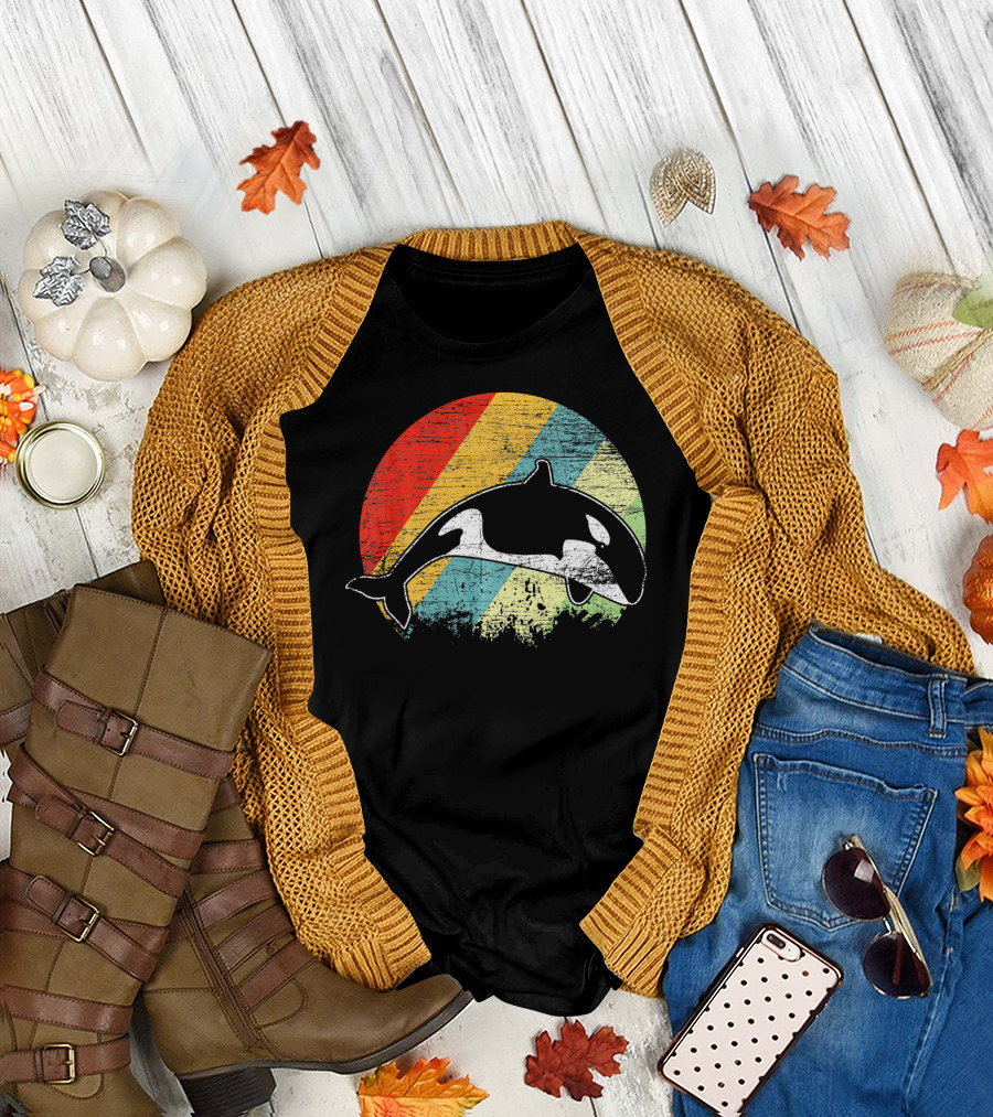 Retro Killer Whale Orca Vintage Rainbow Circle T-Shirt