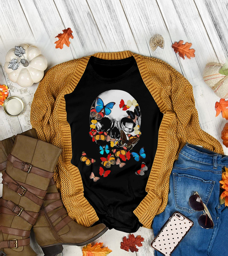 Skull with Vibrant Butterflies T-Shirt