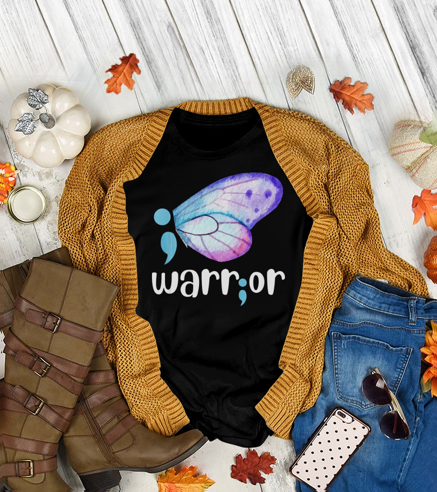 Warrior Butterfly Semicolon Mental Health Awareness T-Shirt