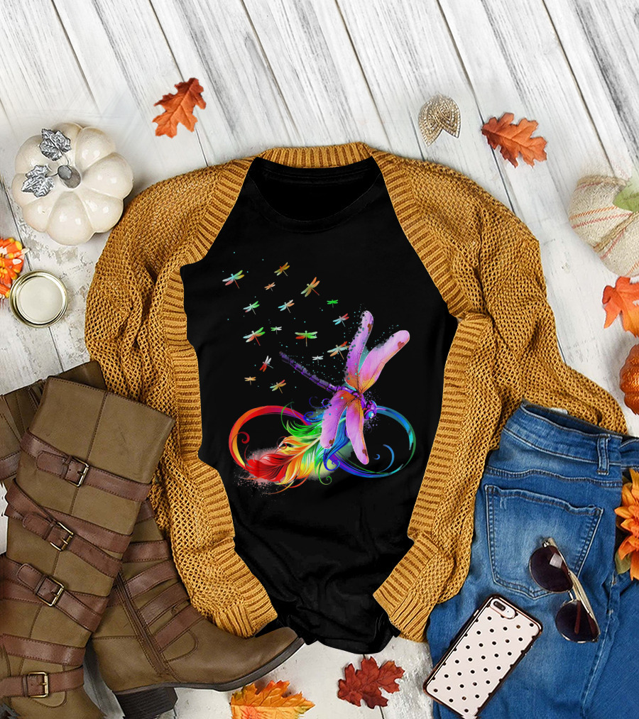 Tee89s Dragonfly Angels from Heaven with Rainbow Wings and Colorful Swirls T-Shirt