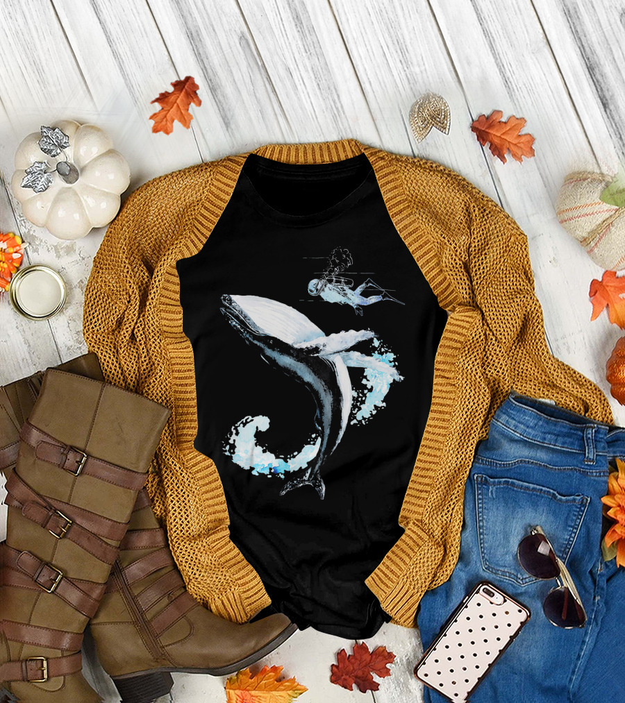 Scuba Diver Humpback Whale Swimming Adventure T-Shirt