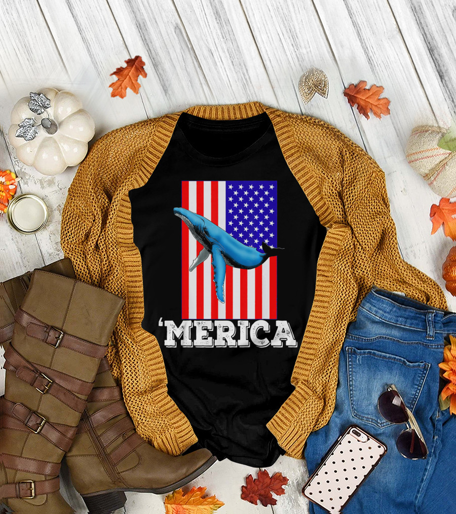 Whale 'Merica 4th Of July American Flag T-Shirt