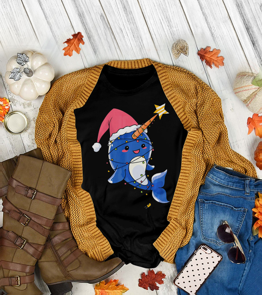 Sweet Baby Whale Christmas X Mas Narwhal Santa Hat Holiday Lights Star T-Shirt