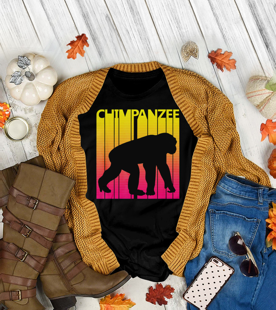 Chimpanzee Retro Silhouette Sunset Stripes T-Shirt