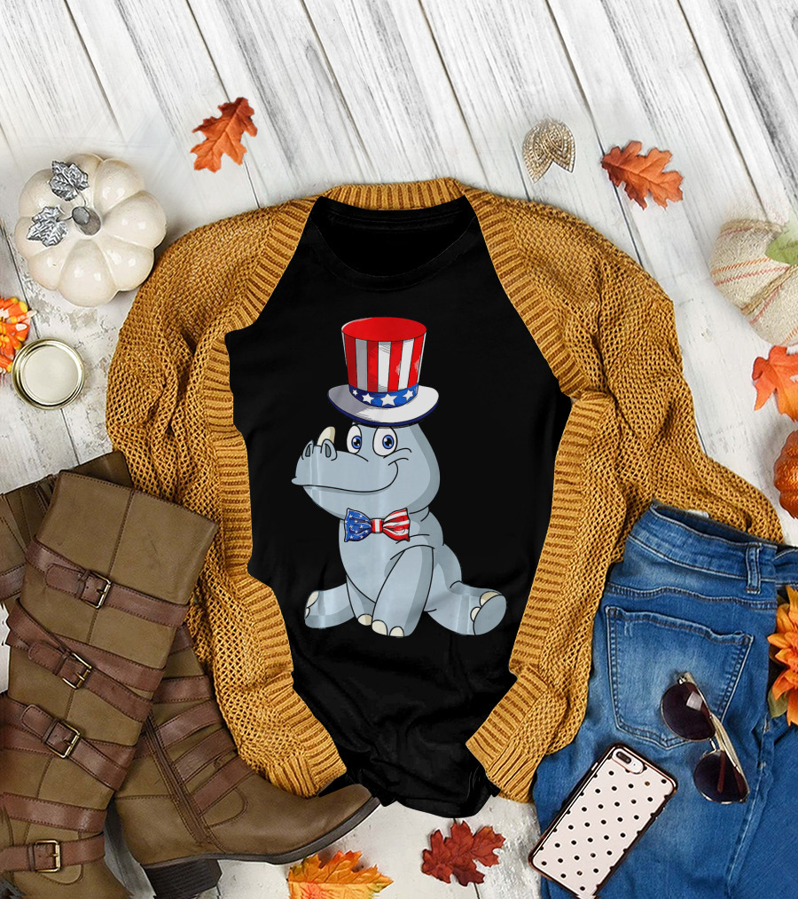 Patriotic Rhino Wearing American Flag Hat and Bow Tie T-Shirt