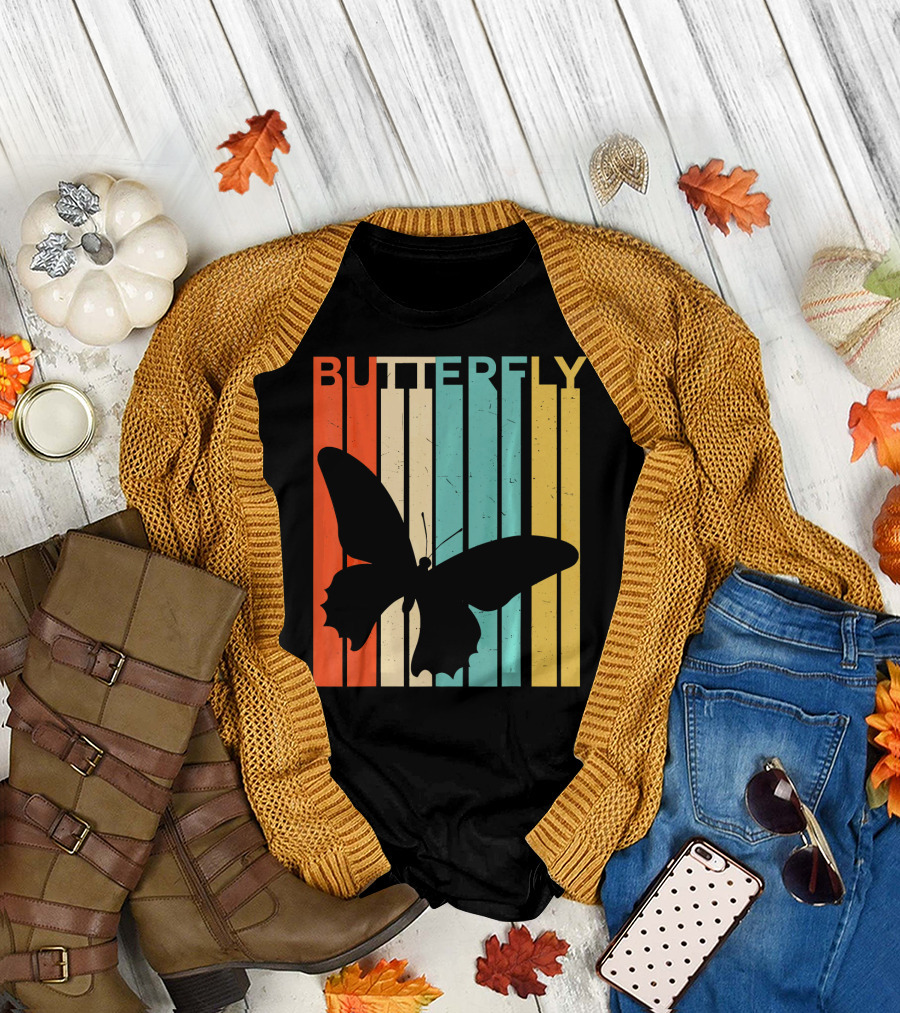 Retro Vintage Butterfly Silhouette with Colorful Stripes T-Shirt