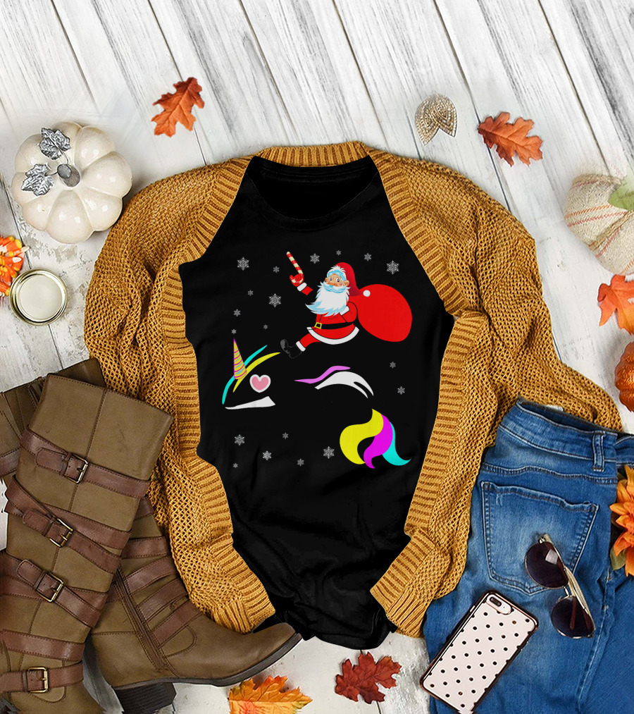 Santa Riding Cute Orca Killer Whale Unicorn with Candy Cane and Snowflakes T-Shirt