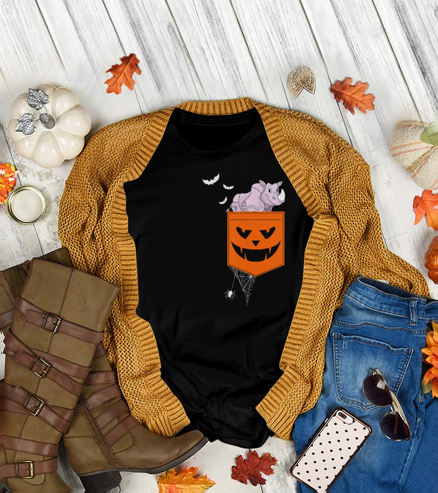 Rhino in Halloween Pumpkin Pocket with Bats and Spiderweb T-Shirt