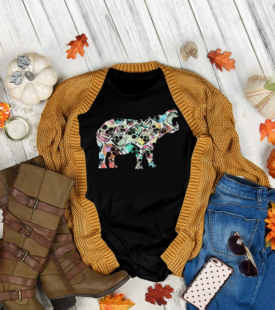 Zombie Hippopotamus Skull Pattern Multicolor Skulls and Skeletons T-Shirt