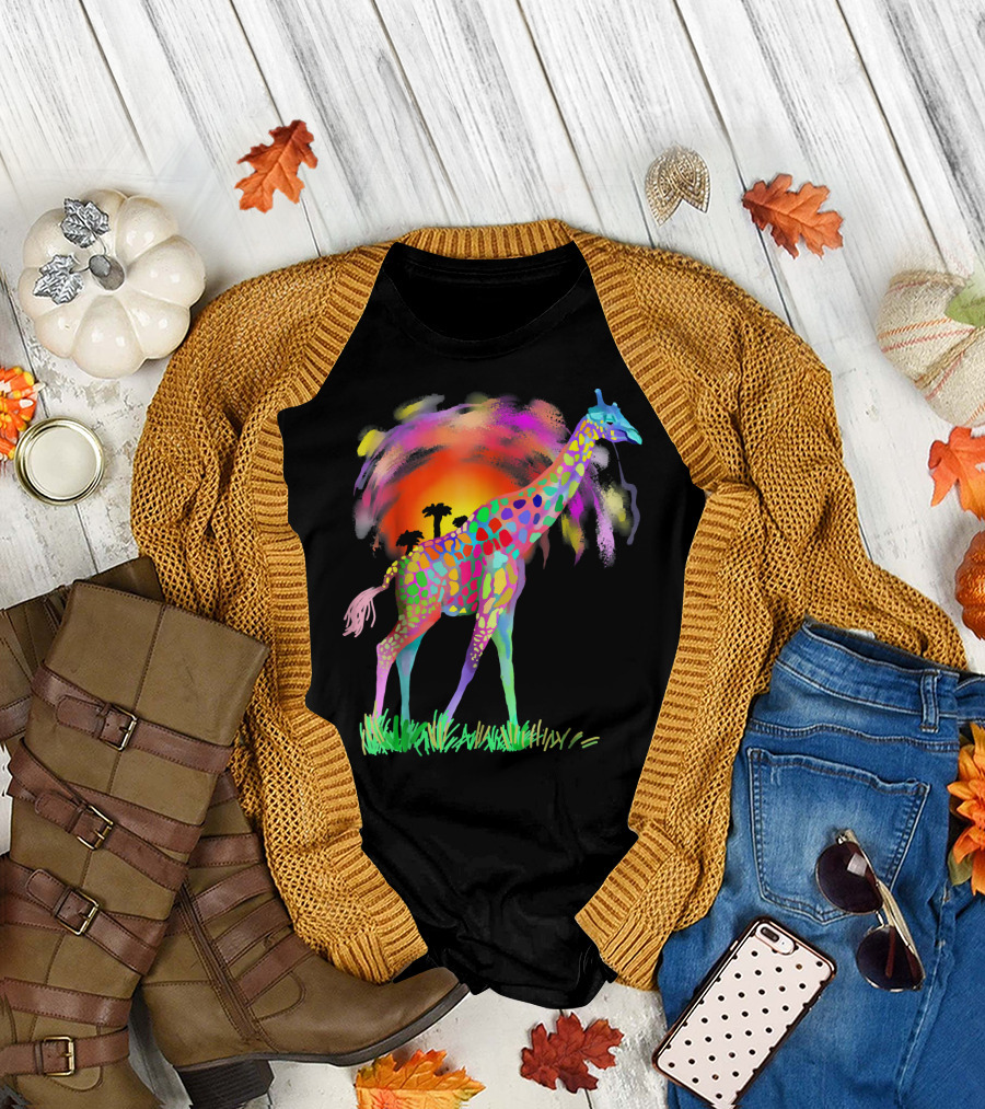 Colorful Rainbow Giraffe with African Sunset T-Shirt