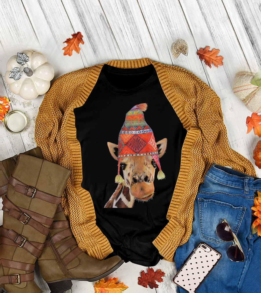 Cute Giraffe Wearing Patterned Winter Beanie Peruvian T-Shirt