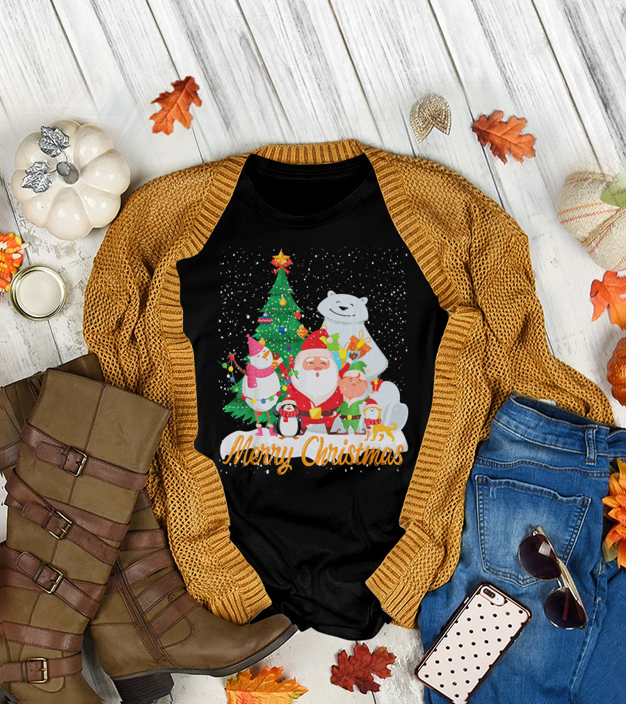 Merry Christmas Santa Claus Snowman Penguin Elf Tree and Polar Bear in Snow T-Shirt