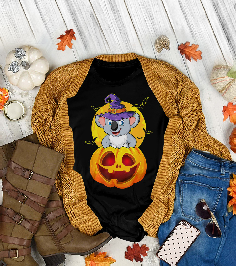Koala Witch Hat with Jack O Lantern and Moon Background T-Shirt