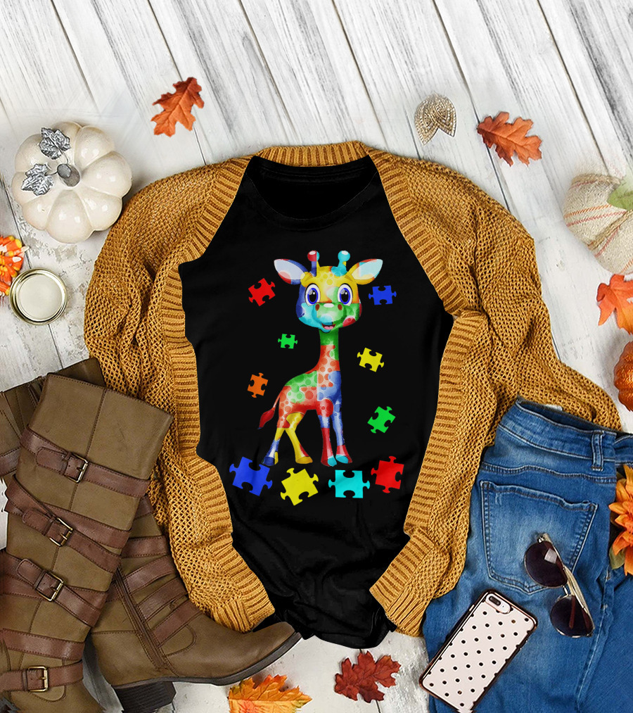 Giraffe in Colorful Puzzle Pattern for Autism Awareness T-Shirt