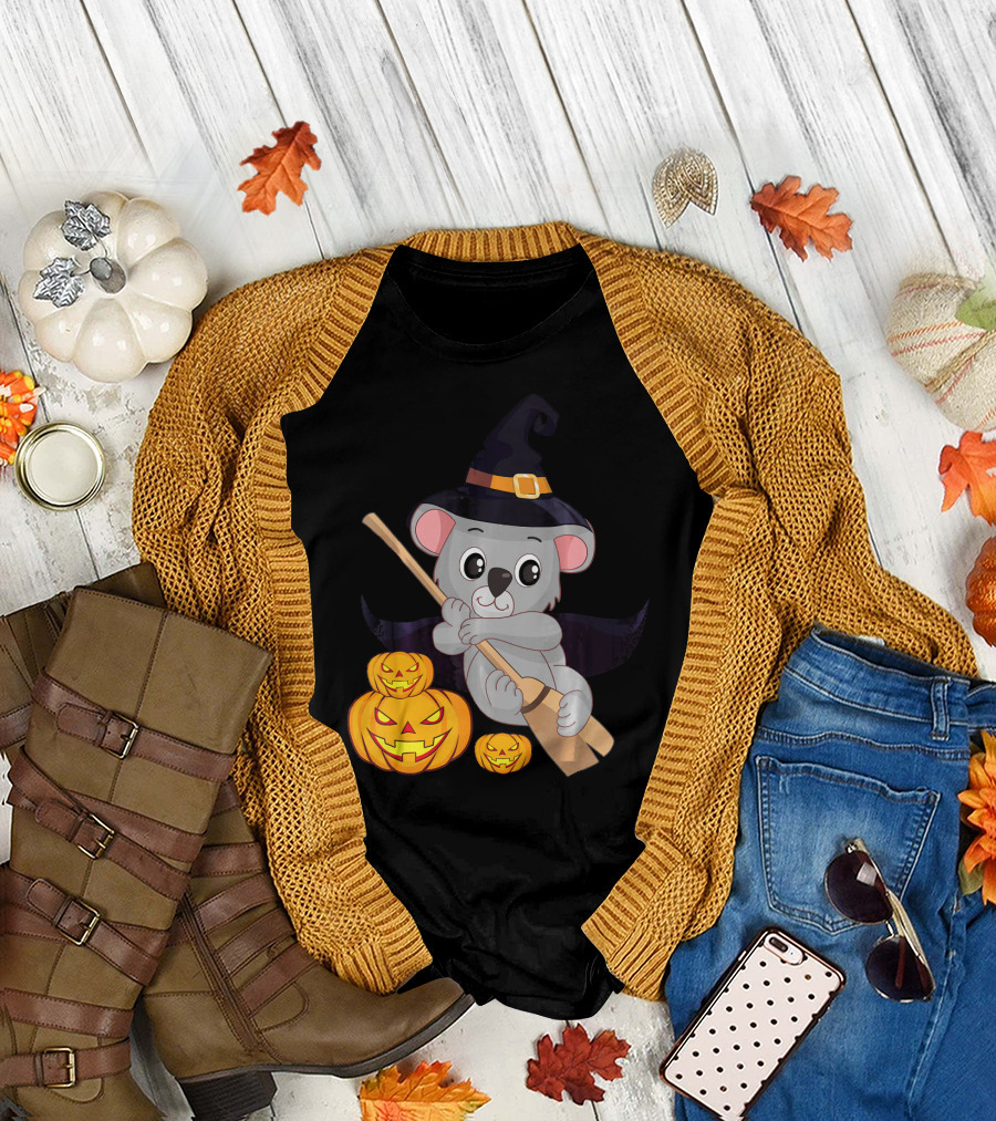 Cute Koala Bear Witch Halloween Pumpkin Hat Broom Jack-o'-Lanterns T-Shirt