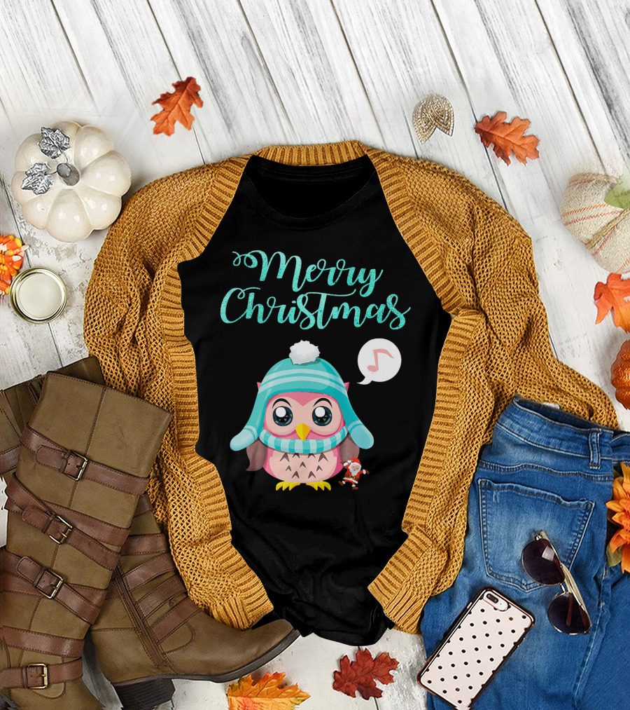 Merry Christmas Cute Owl with Santa Hat Music Note T-Shirt
