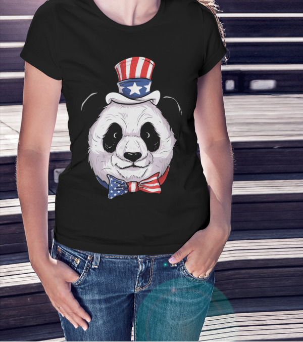 Patriotic Panda In Uncle Sam Hat With American Flag Bowtie T-Shirt