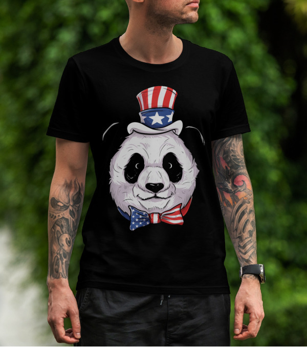 Patriotic Panda In Uncle Sam Hat With American Flag Bowtie T-Shirt