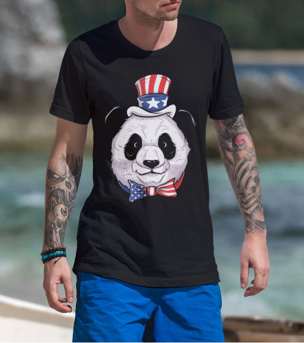 Patriotic Panda In Uncle Sam Hat With American Flag Bowtie T-Shirt