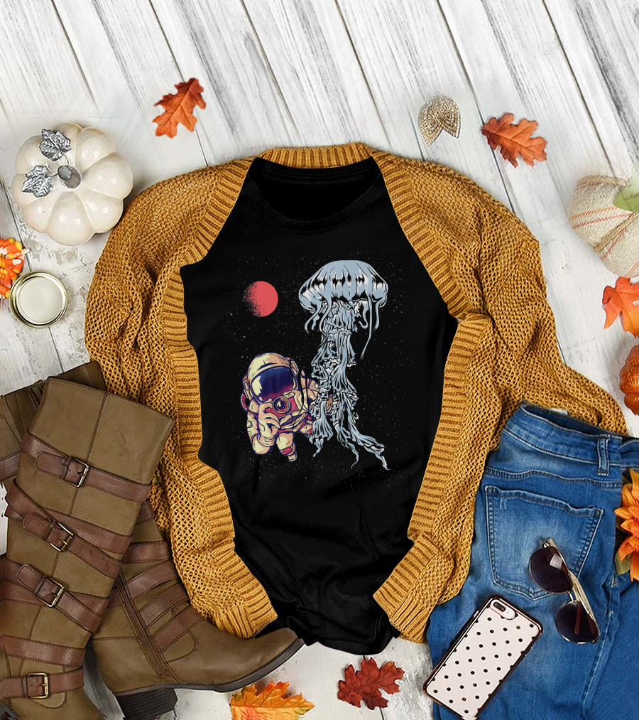 Astronaut Photographing Jellyfish in Outer Space with Red Planet T-Shirt