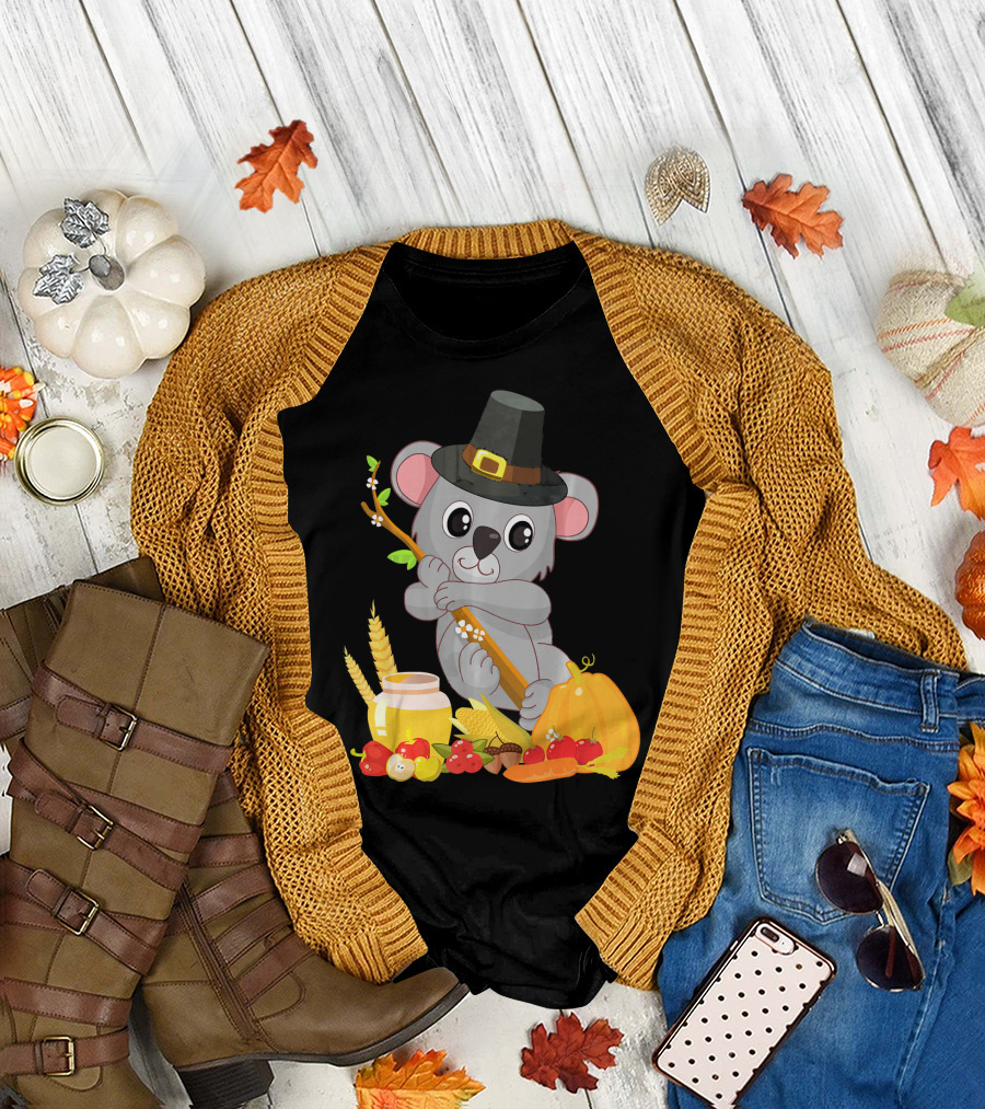 Thanksgiving Koala Bear with Pilgrim Hat and Harvest Fruits T-Shirt