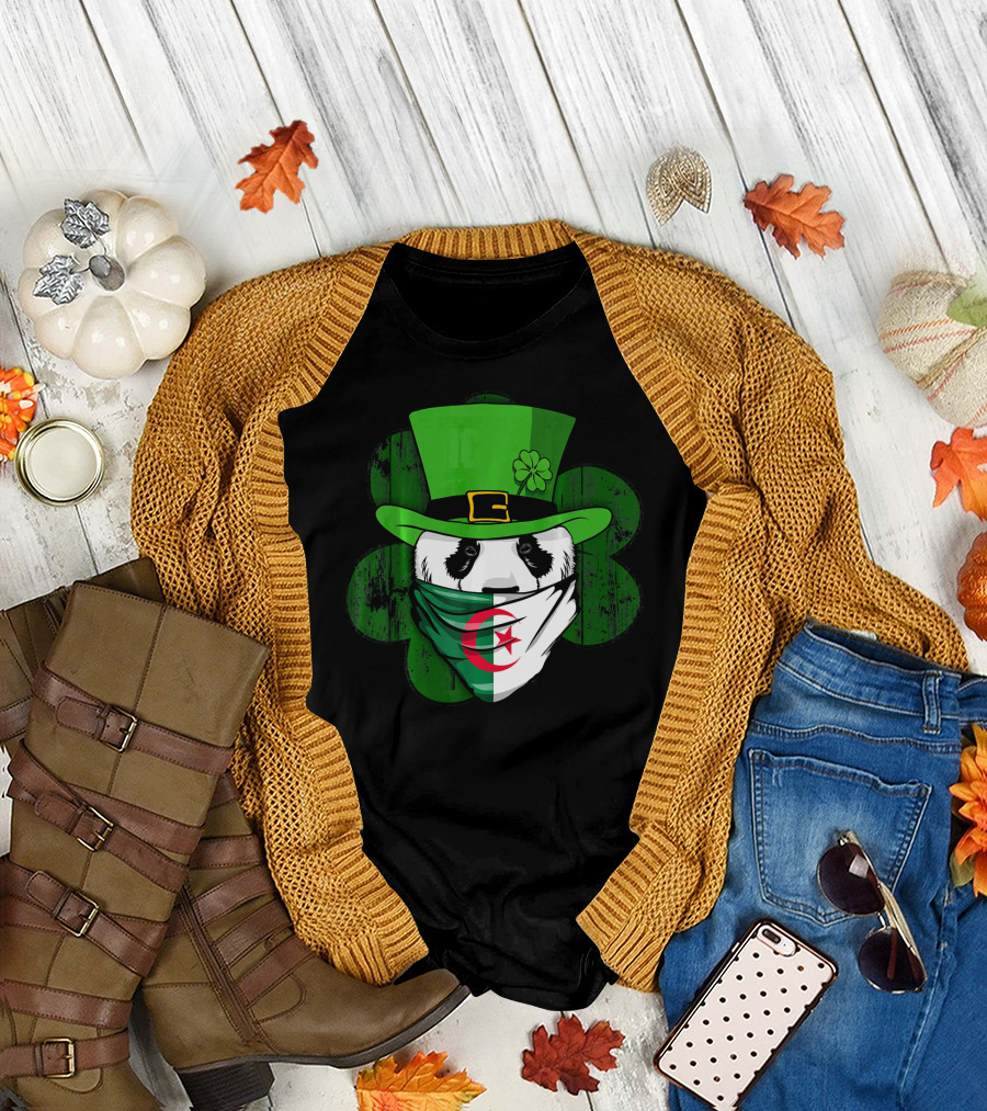 Algerian Panda in Green Irish Clover Hat and Bandana T-Shirt