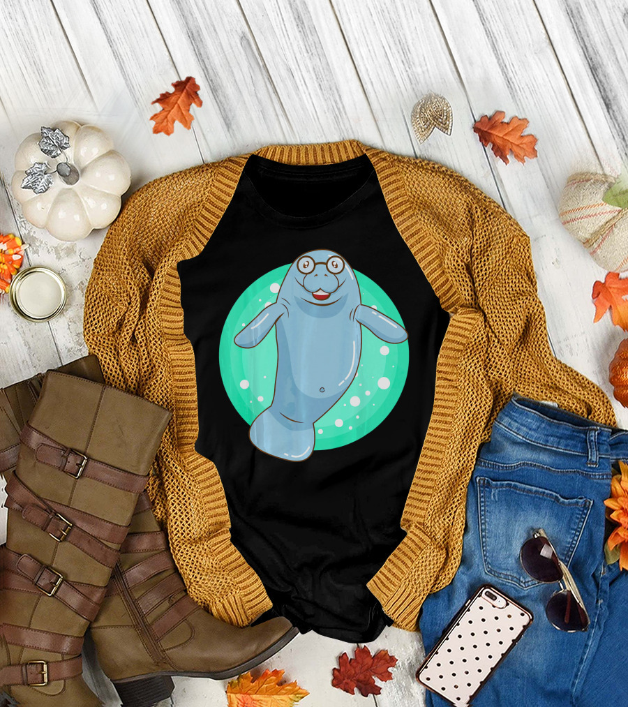 Cute Manatee With Glasses Unique Nerd T-Shirt