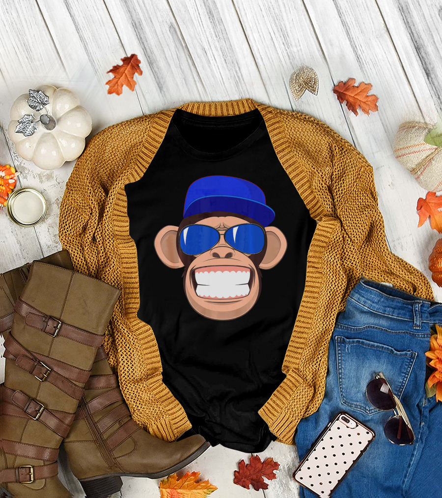 Monkey Face Humor Gorilla Chim With Blue Cap And Sunglasses T-Shirt