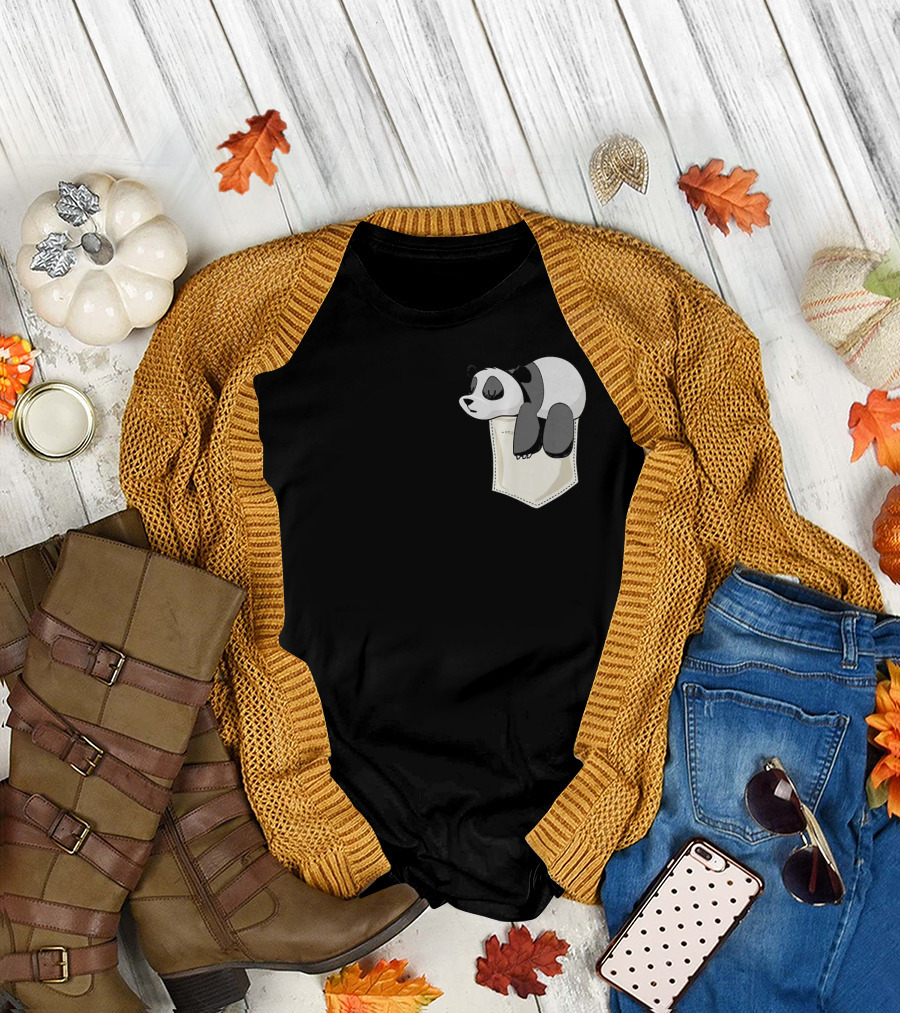 Adorable Sleeping Panda Hanging from Pocket T-Shirt