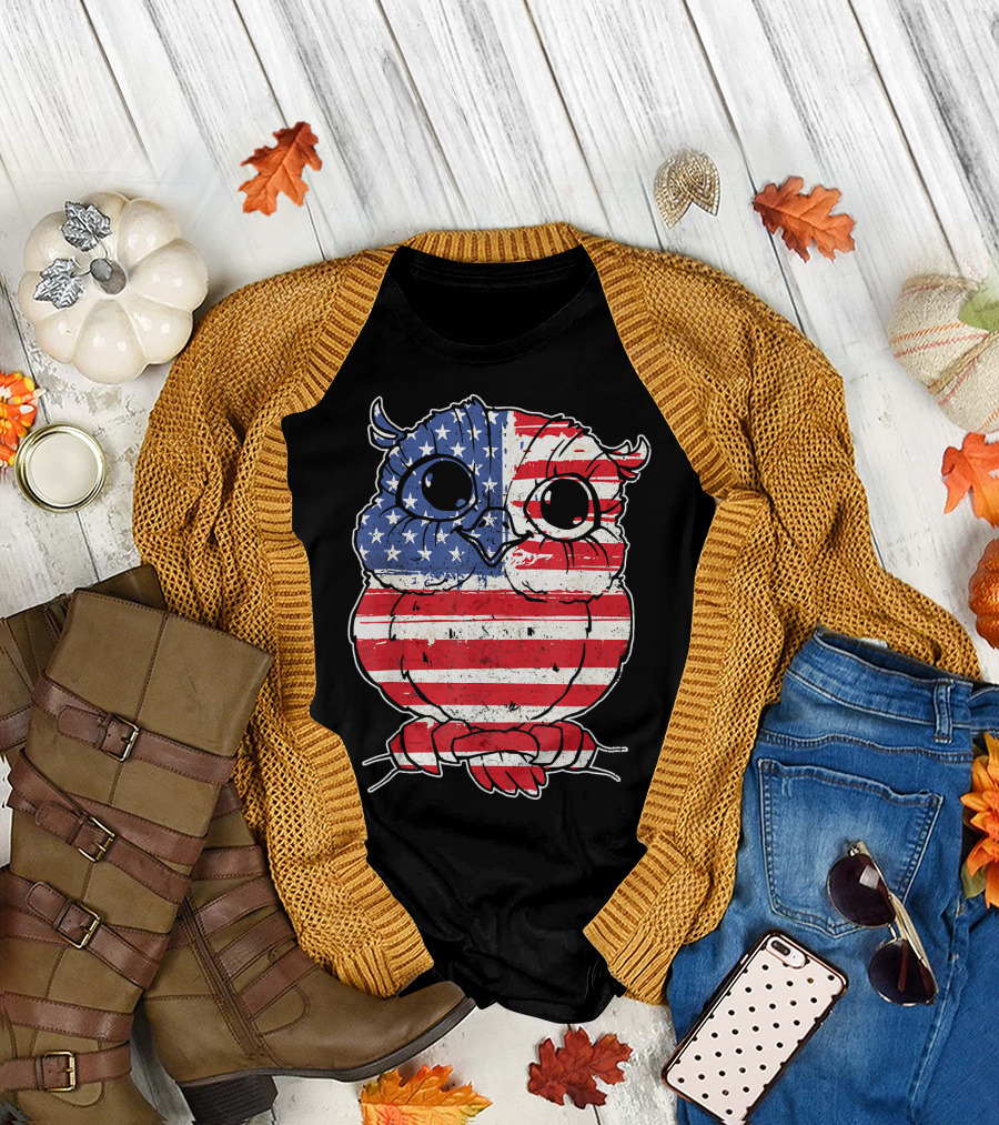 Patriotic Owl with American Flag T-Shirt