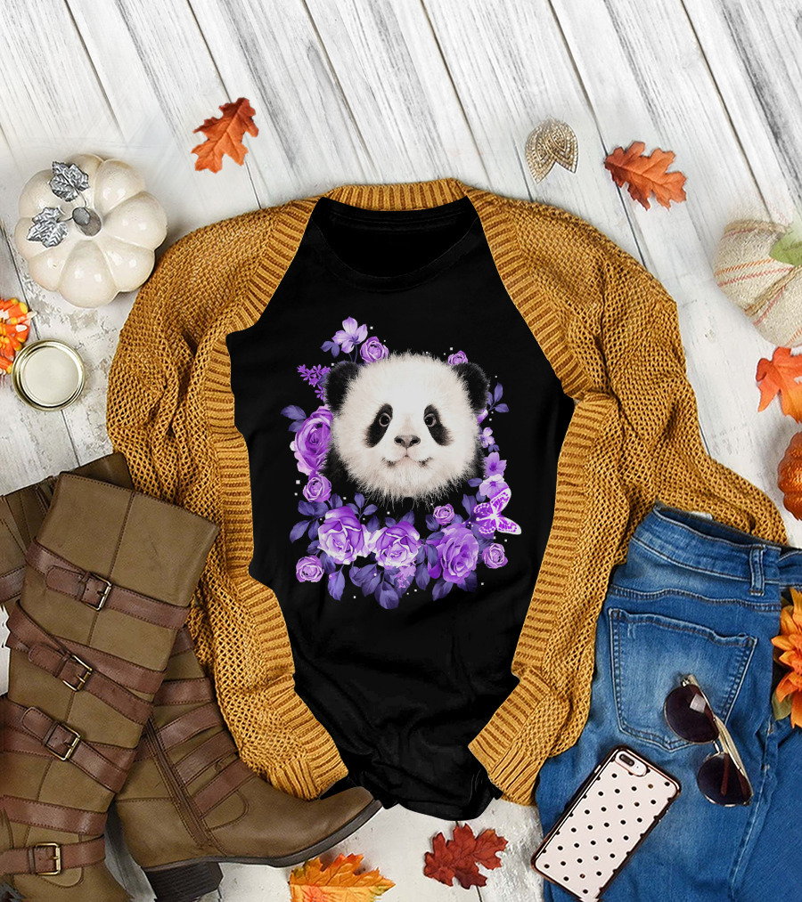 Cute Panda Surrounded by Purple Flowers for Panda Lovers T-Shirt