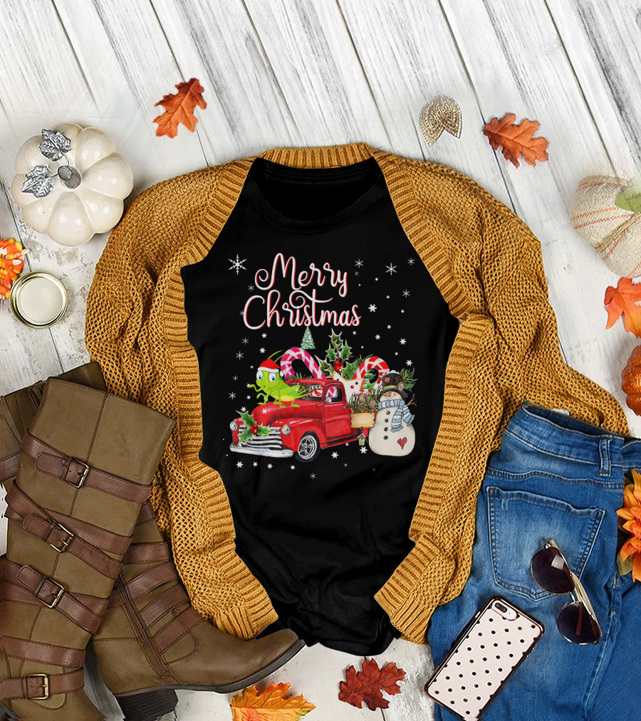 Merry Christmas Grasshopper on Red Truck with Candy Canes and Snowman T-Shirt