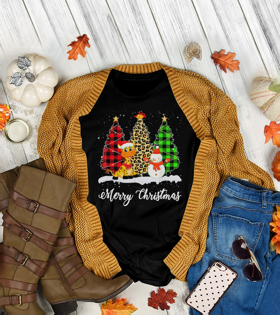 Merry Christmas Funny Giraffe Leopard Buffalo Plaid Trees T-Shirt