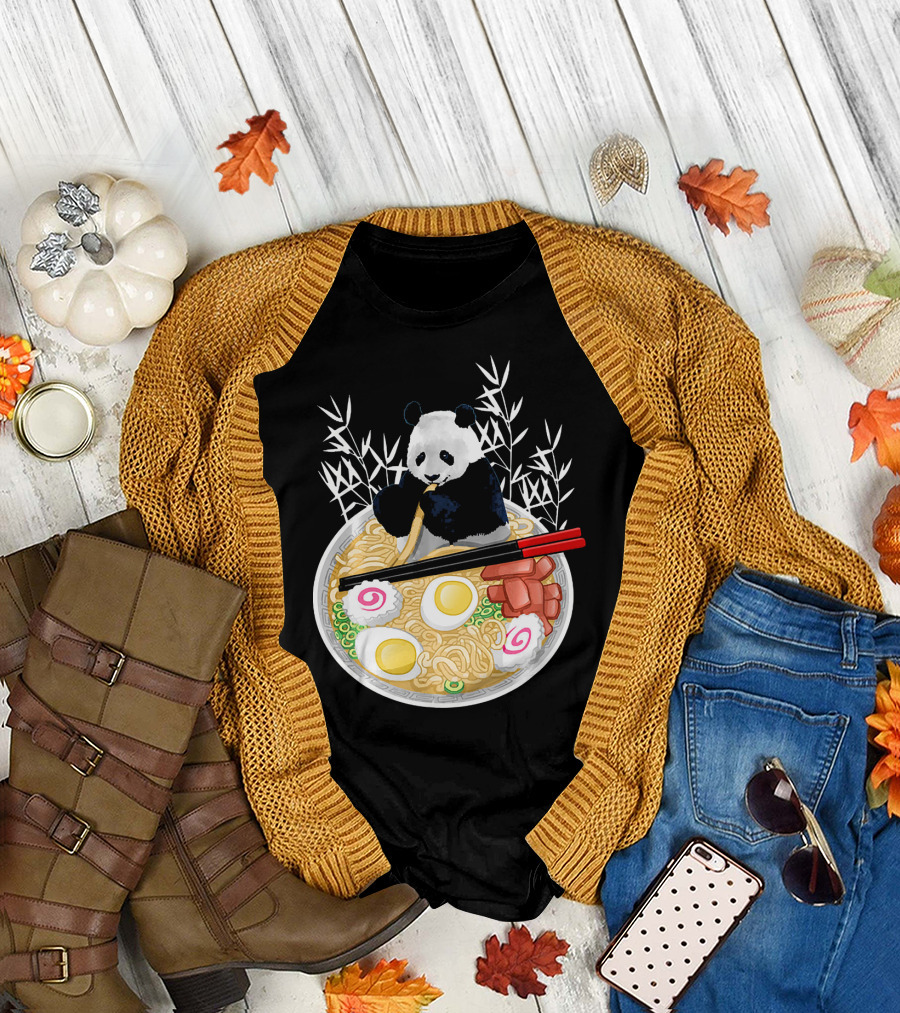 Cute Panda Enjoying Ramen Bowl with Eggs and Bamboo Background T-Shirt