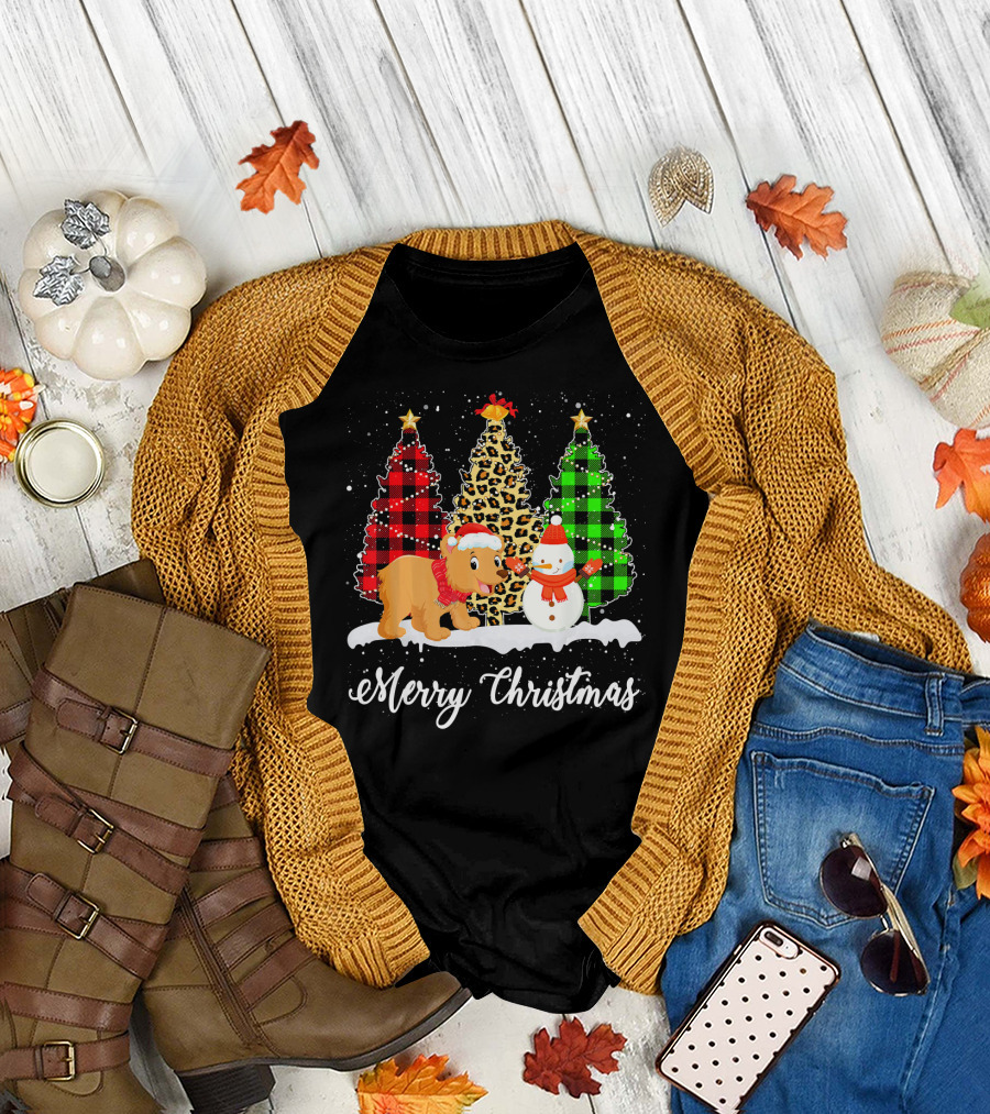 Merry Christmas Funny Bear with Snowman and Leopard Buffalo Plaid Trees T-Shirt