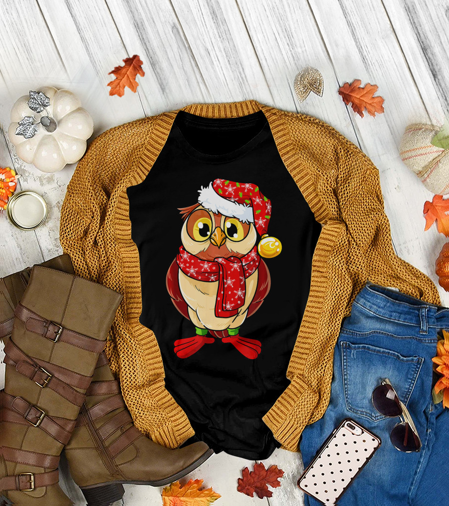 Christmas Tawny Owl Owlet in Santa Hat and Scarf T-Shirt