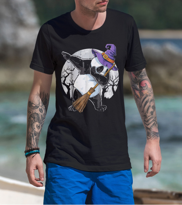Dabbing Panda Witch With Broomstick And Purple Hat By Moonlit Trees T-Shirt