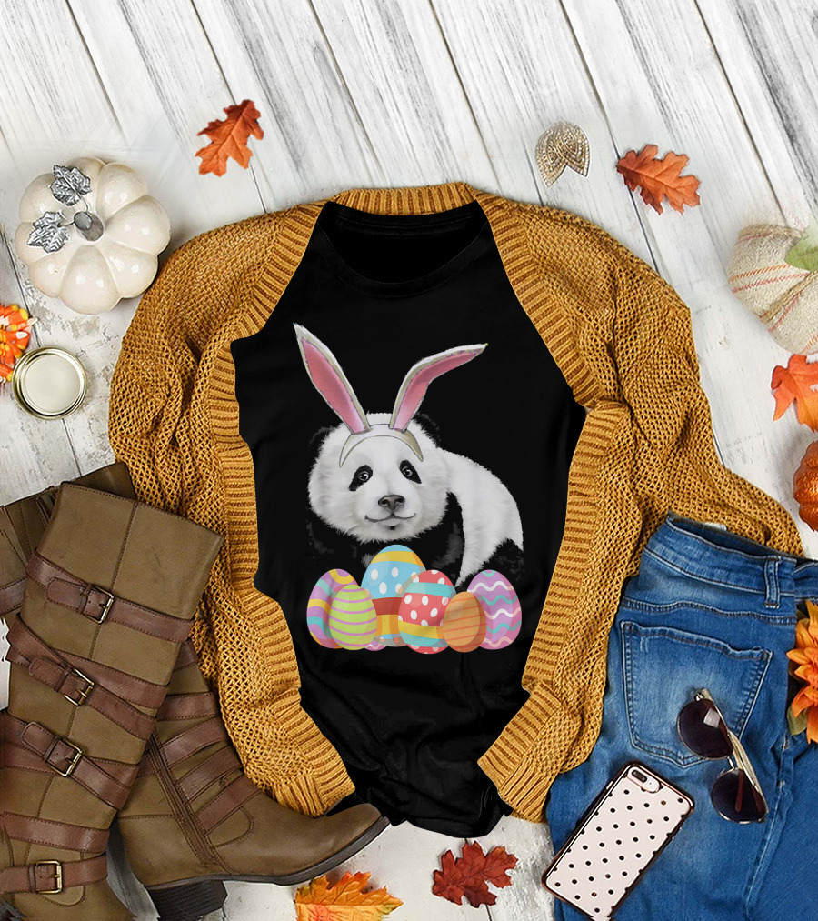 Easter Panda Funny Bunny Ears and Eggs T-Shirt