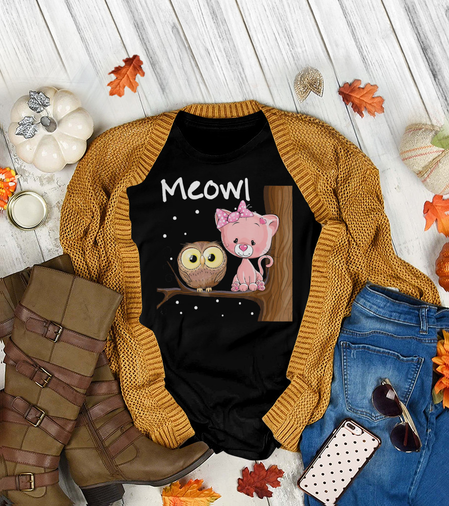 Meowl Funny Cat Humor Owl Novelty Bow Polka Dot Nighttime Tree Branch T-Shirt