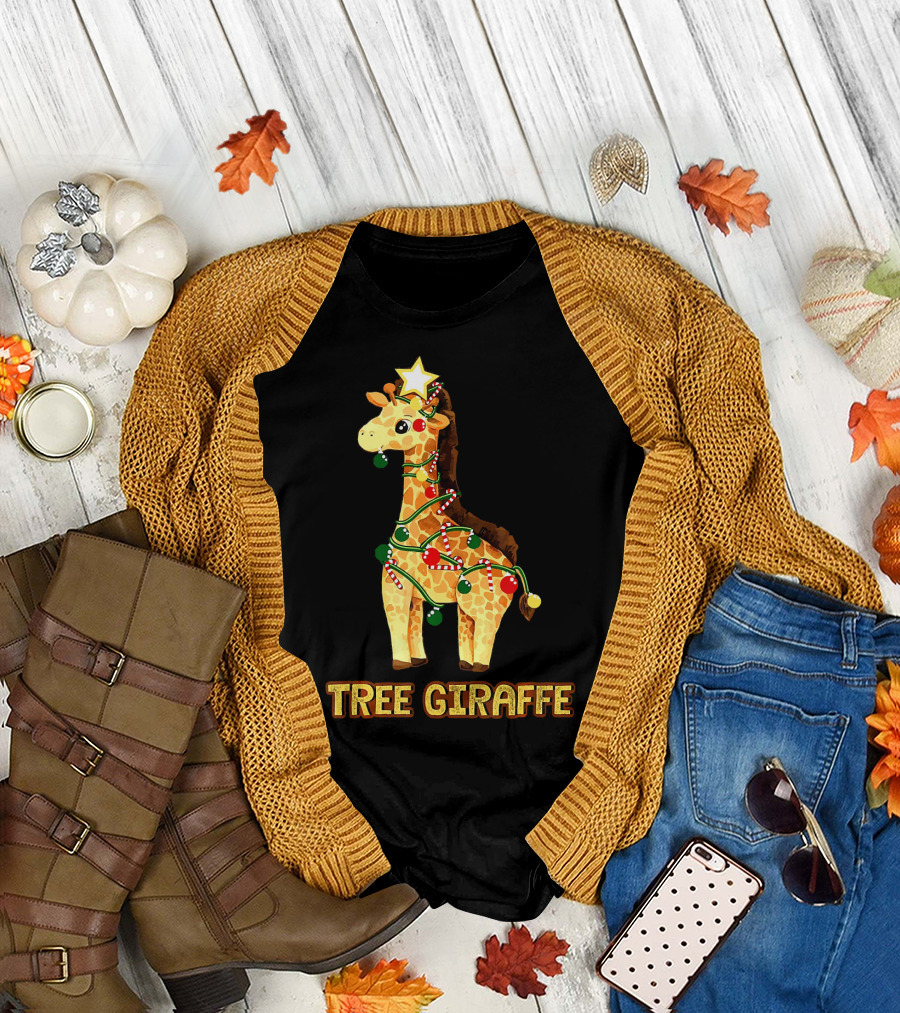 Tree Giraffe Xmas Holiday Lights Candy Cane Star T-Shirt