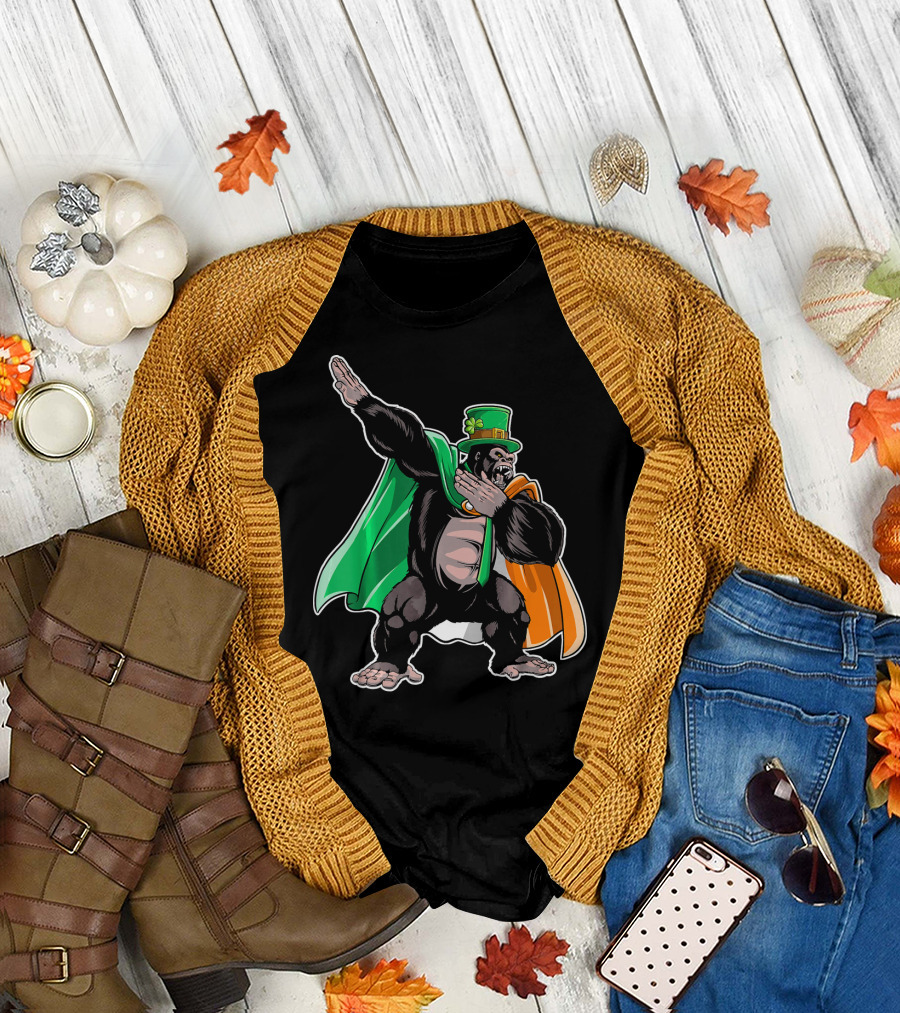 St. Patrick's Day Dabbing Gorilla Costume with Cape and Clover Hat T-Shirt
