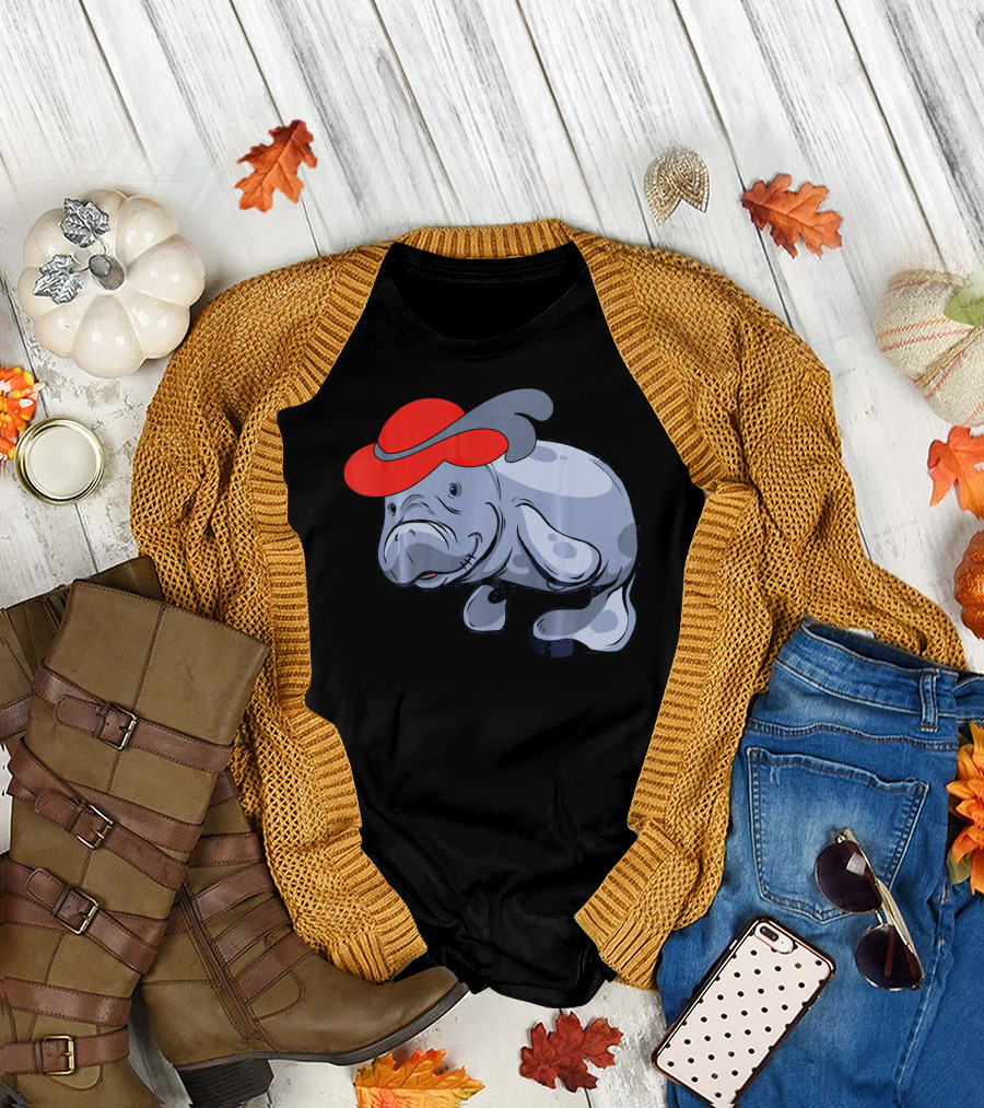 Funny Cute Manatee Sea Cow in Red Hat T-Shirt